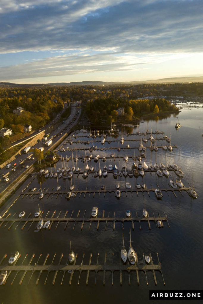 Drone shot of my local marina and E18 highway towards the capital Oslo.
